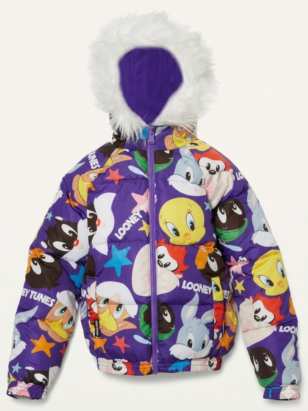 Members Only Looney Tunes Purple Girls Puffer Jacket with White Faux Fur Hood